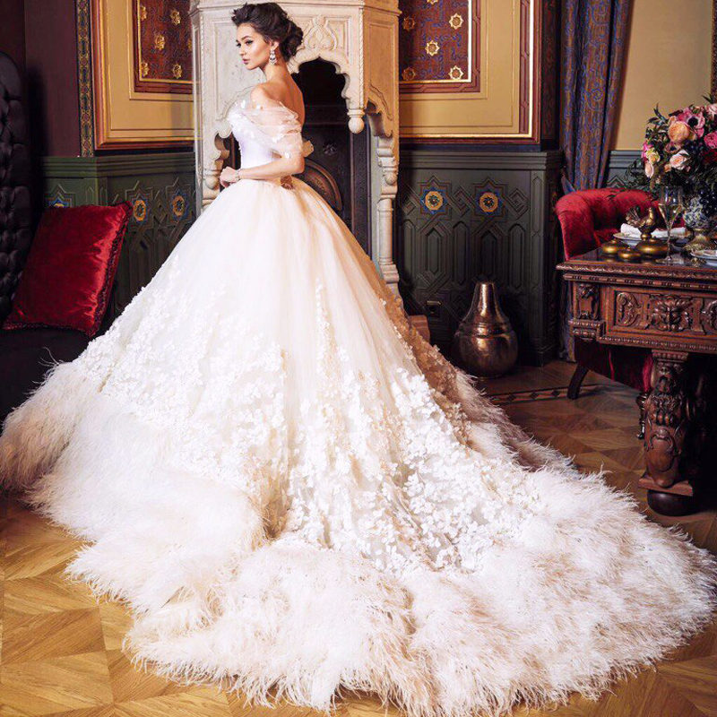 الريش-الأبيض-فساتين-زفاف-طويل-قبالة-الكتف-الزفاف-اللباس-الرسمي-vestido-دي-noiva-الفاخرة-الزهور-حلم