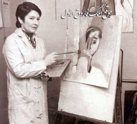 الملكة فريدة مع احدى لوحاتها